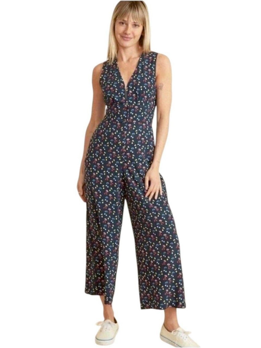 Marine Layer Holli Jumpsuit in Navy Cherry Print, Size Medium